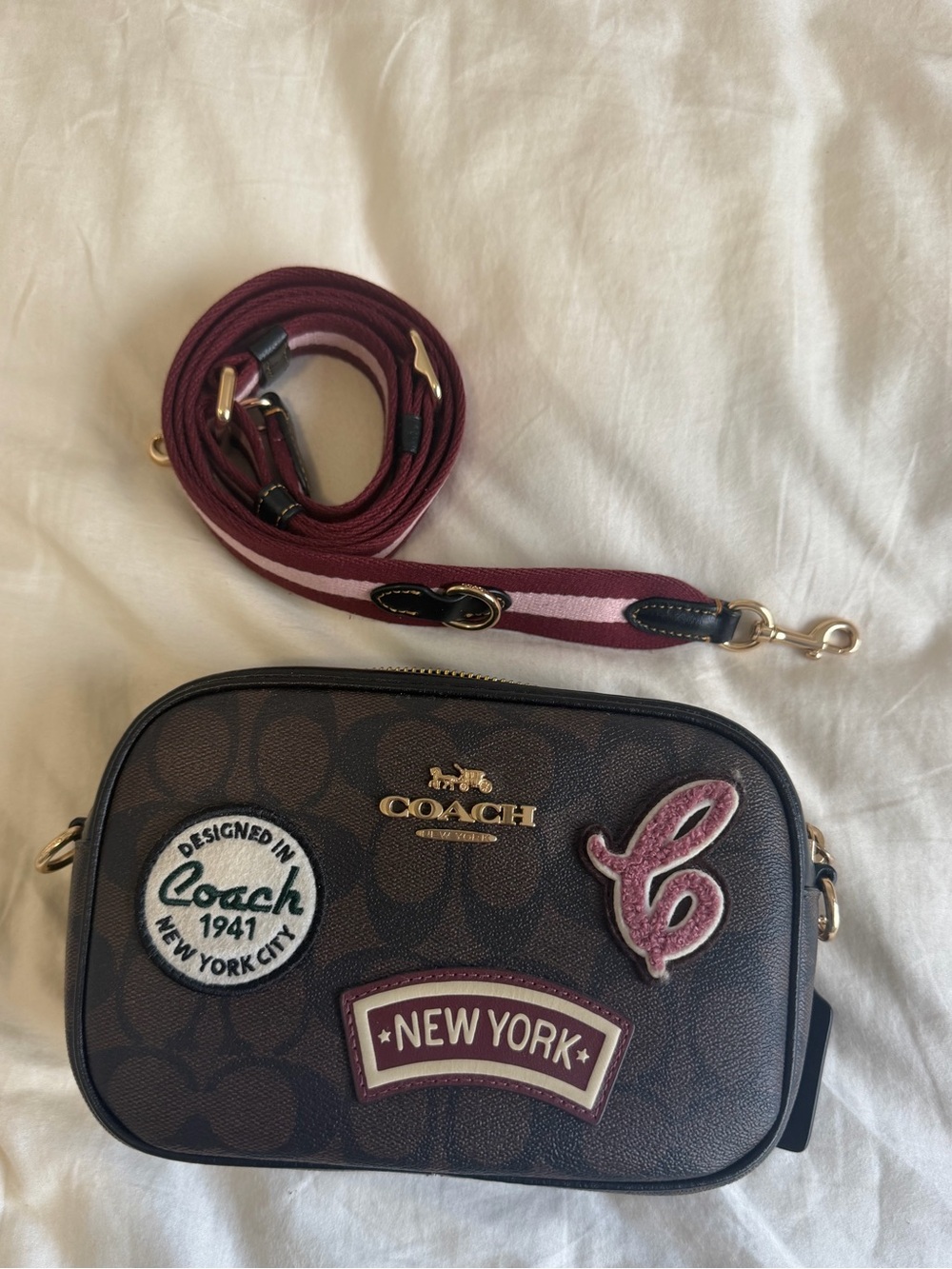 Coach Brown Signature Patch Crossbody with Burgundy & Pink Strap